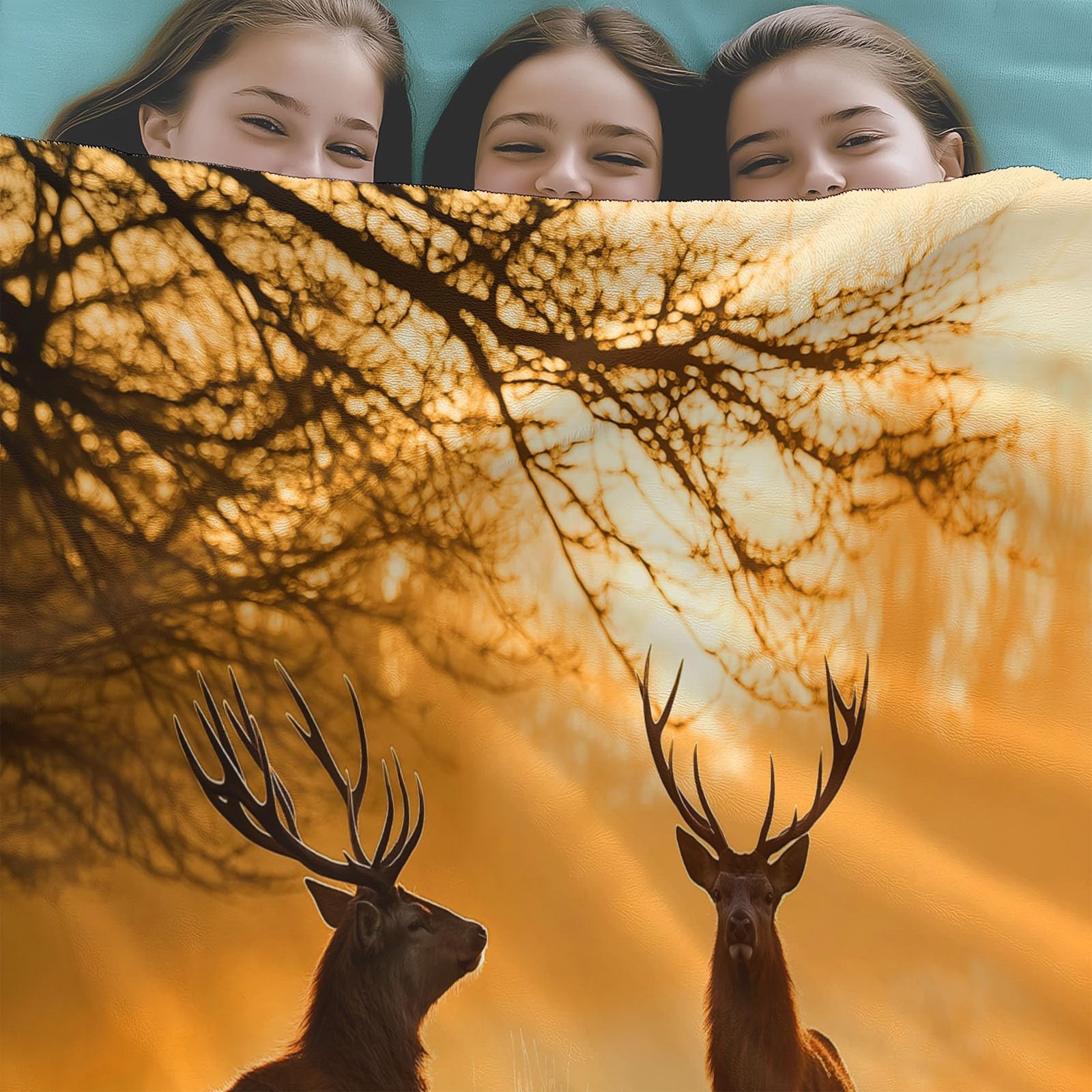 Pomarańczowy, puszysty, ciepły koc do przytulania, 200 x 200 cm, miękki, realistyczny, wschód słońca, zwierzęta, łoś, pluszowy koc z nadrukiem, dekoracyjny koc dla dzieci i dorosłych