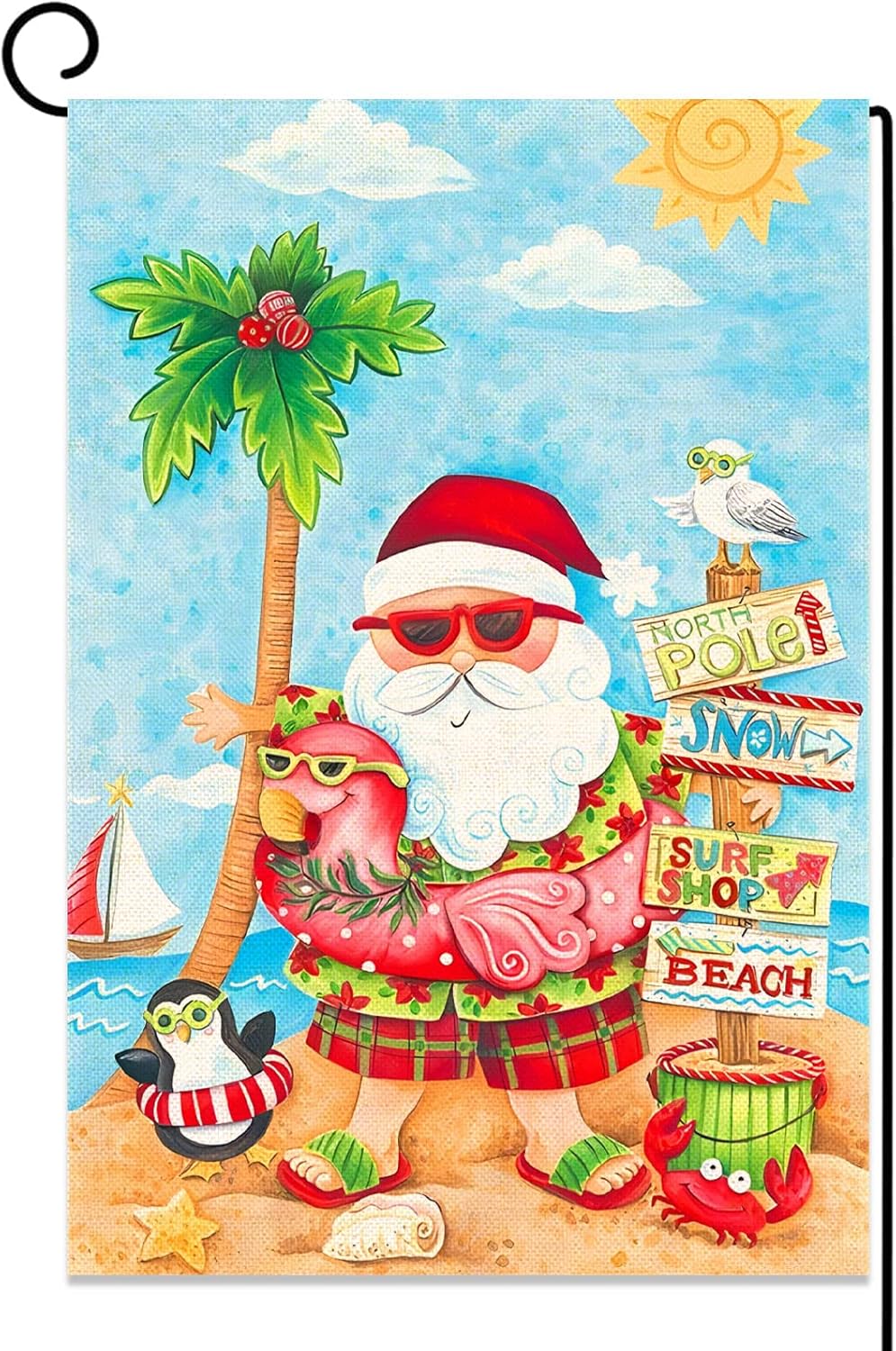 Sunwer Summer Christmas Garden Flag Santa Tropical Beach Hawaiian Pink Themed Party Decoration Outdoor Lawn Yard Patio Decor Supply- 12.5×18''