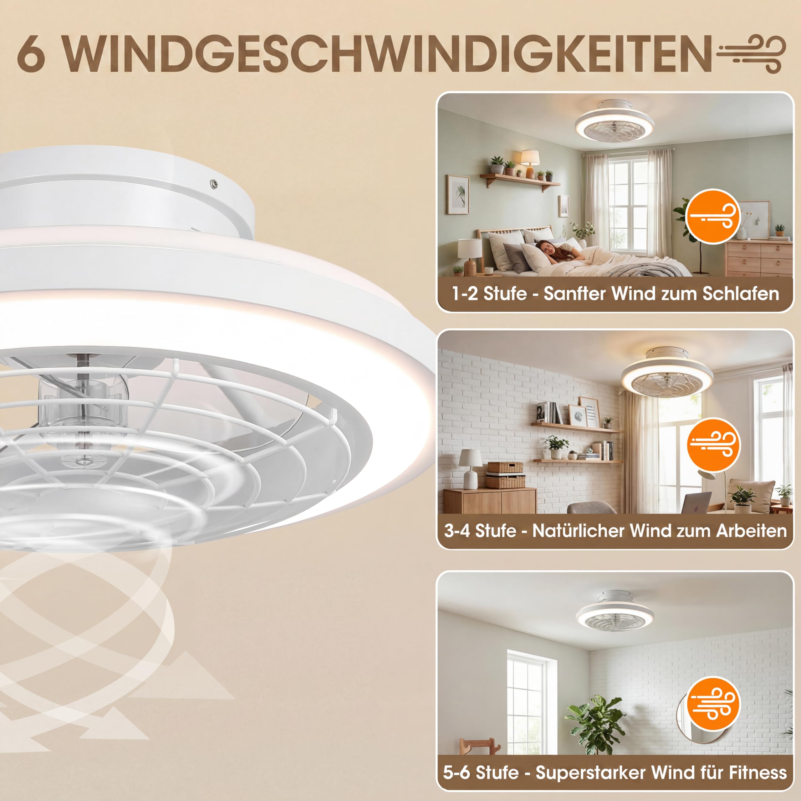 Parrot Uncle 50cm Ventilator Deckenleuchte,Umkehrbarer, LED Deckenventilator mit Beleuchtung,3 Farbtemperatur,6 Geschwindigkeiten Zeitschaltuhr,Fernbedienung Leise Dimm für Schlafzimmer,Weiß