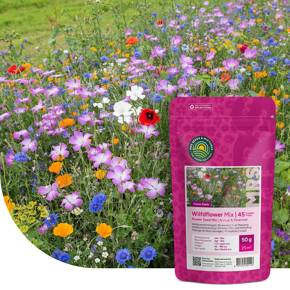 Bunte Insektenfreundliche Wildblumensamen Mischung - 1 Kilo für 500 m² - Einjährige & Mehrjährige Blumenmischung - für Wildbienen, Hummeln & Schmetterlinge - Schnelle Aussaat - MRS Seeds