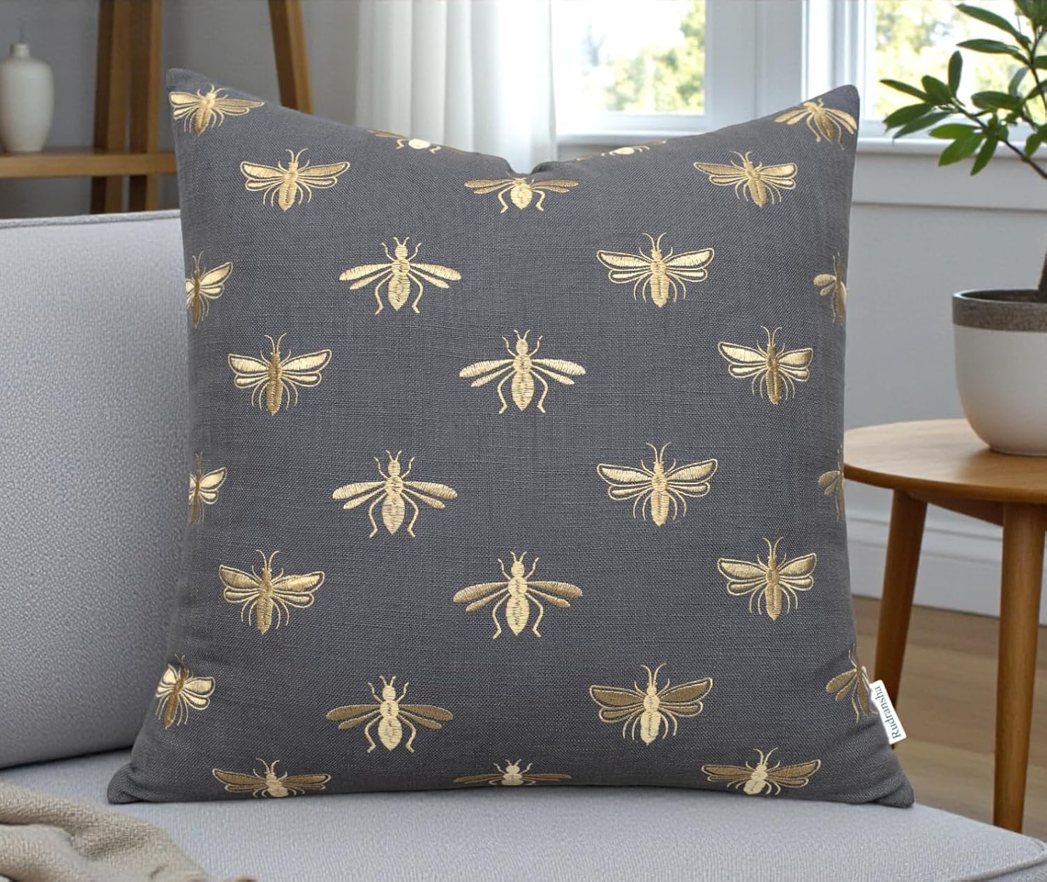 Rudransha Golden Bee Embroidered Lumbar Pillow Cover - 14x24 Dark Grey Cotton - Decorative Accent for Sofa & Bedding