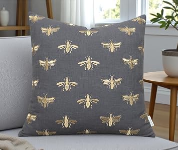 Rudransha Golden Bee Embroidered Decorative Pillow Cover - 18x18 Dark Grey Cotton - Premium Accent for Modern Interiors