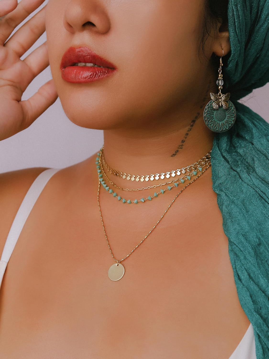 MINACHI Vintage Boho Multi-Layered Chain Choker Dainty Necklace with Created Turquoise Bead and Coin Pendant, Boho Fashion Statement Jewelry Gift for Women - Image 5