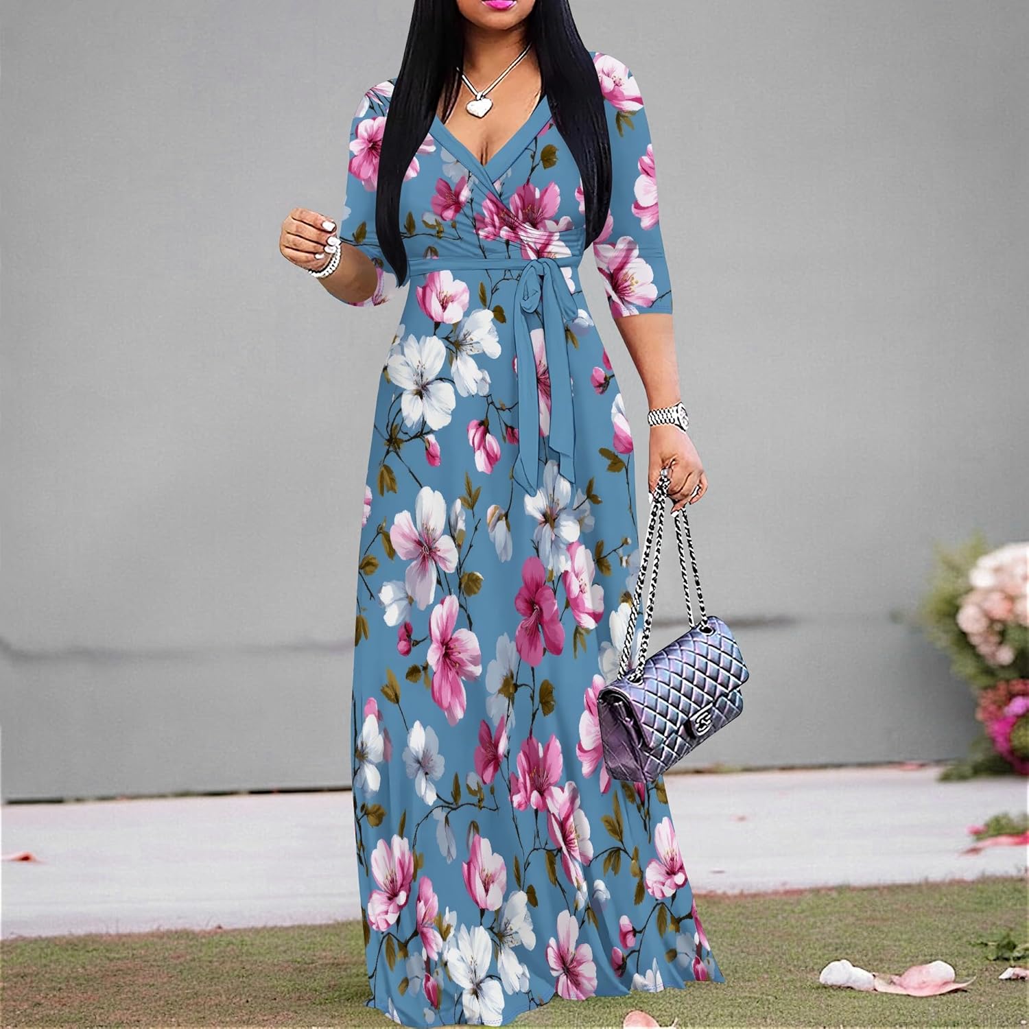 Women's Plus Size Maxi Dress with Pockets - V Neck 3/4 Sleeve Wrap Boho Floral Long Dresses - Image 3