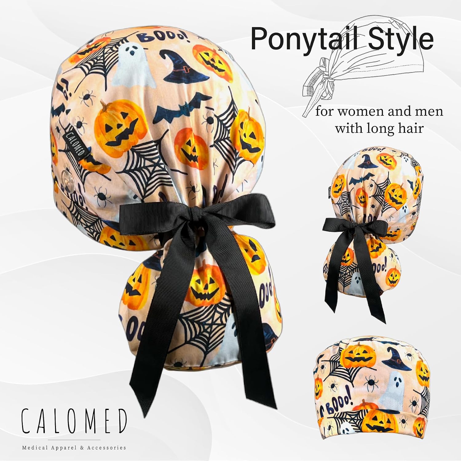 Scrub Cap for Women and Men, Ponytail Scrub Caps, Working Hat, Head Cover with Ribbon Ties and Buttons, Long Hair