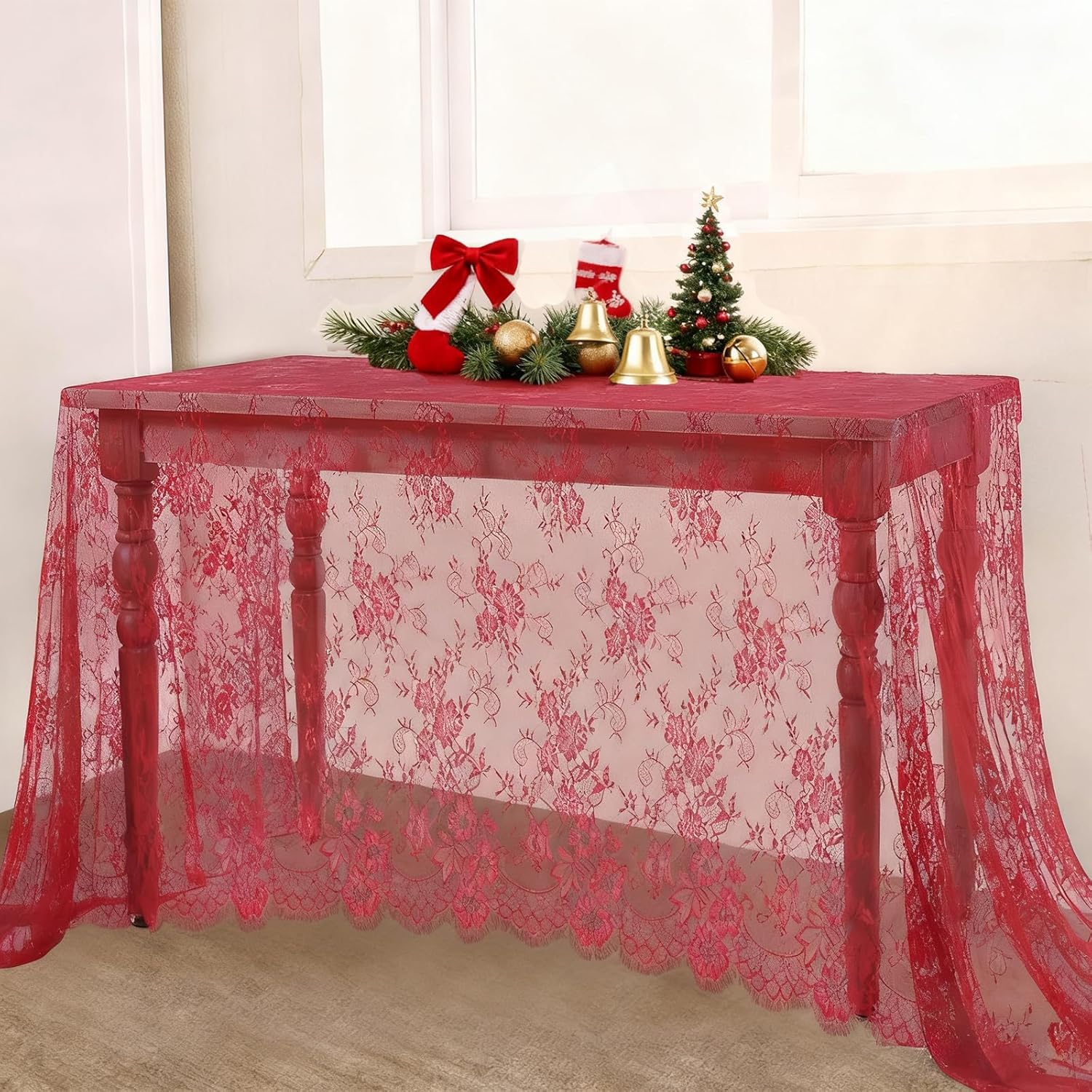 B-COOL Red Vintage Lace Table Cloths 60x120 Inch Wedding Floral Tablecloth for Rectangle Tables Lace Fabric Rustic Christmas Party Decor