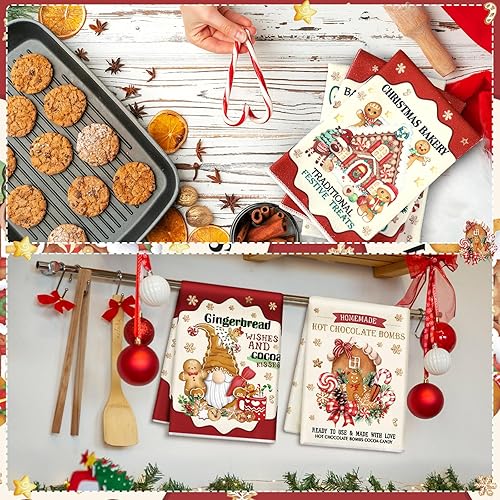 Miniatura 5 de Hosuly 6 toallas de cocina de Navidad con diseño de hombre de jengibre, divertidas, galletas de jengibre, paños de té, caramelos de cacao, gnomo,