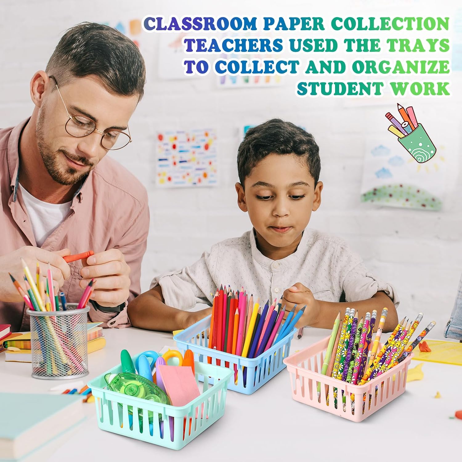 Weysat 24 Pack Classroom Storage Baskets Bins Small Plastic Baskets for Organizing Crayon Pencil Container Organizer Colorful Trays for Desk Shelf School Office Supplies, 4.5" x 4.5" x 2.5"