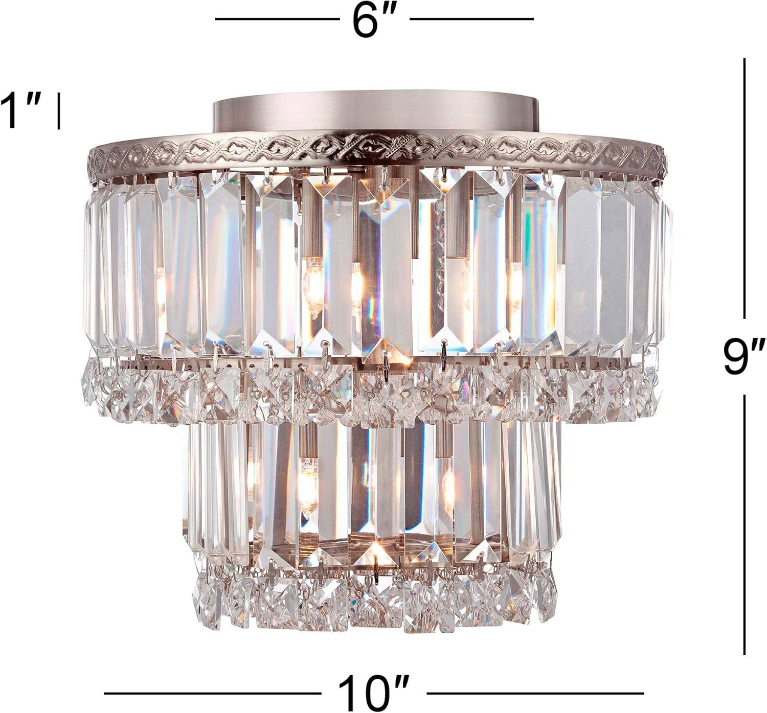 Vienna Full Spectrum Magnificence Vintage Close to Ceiling Light Flush Mount Fixture 10" Wide Nickel Double Tier Faceted Crystal Glass Shade Bedroom Hallway Living Room Dining Room Bathroom