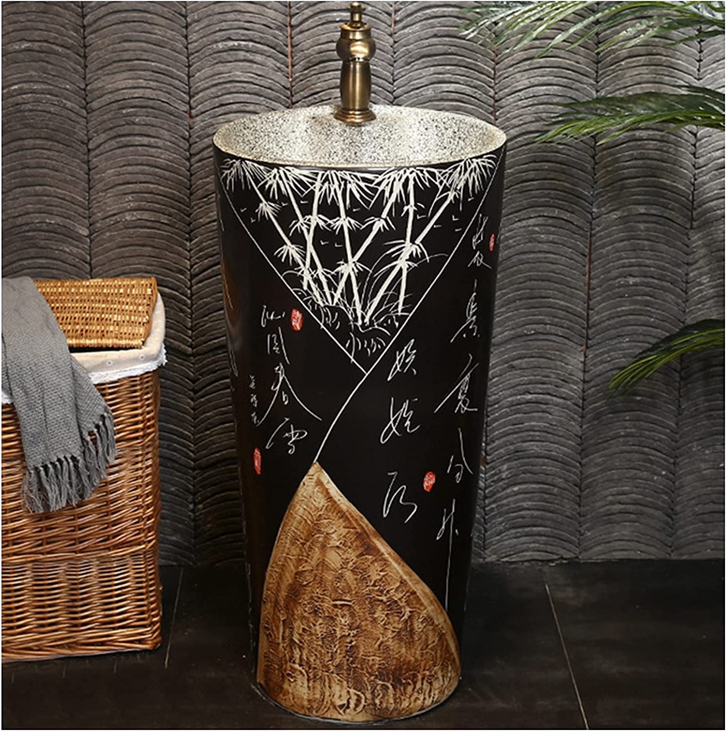 WDSOPK Freestanding Pedestal Sink Hotel Art Basin, Oval Bathroom Basin Sink, Ceramic and Lavatory for Indoor Outdoor (L)