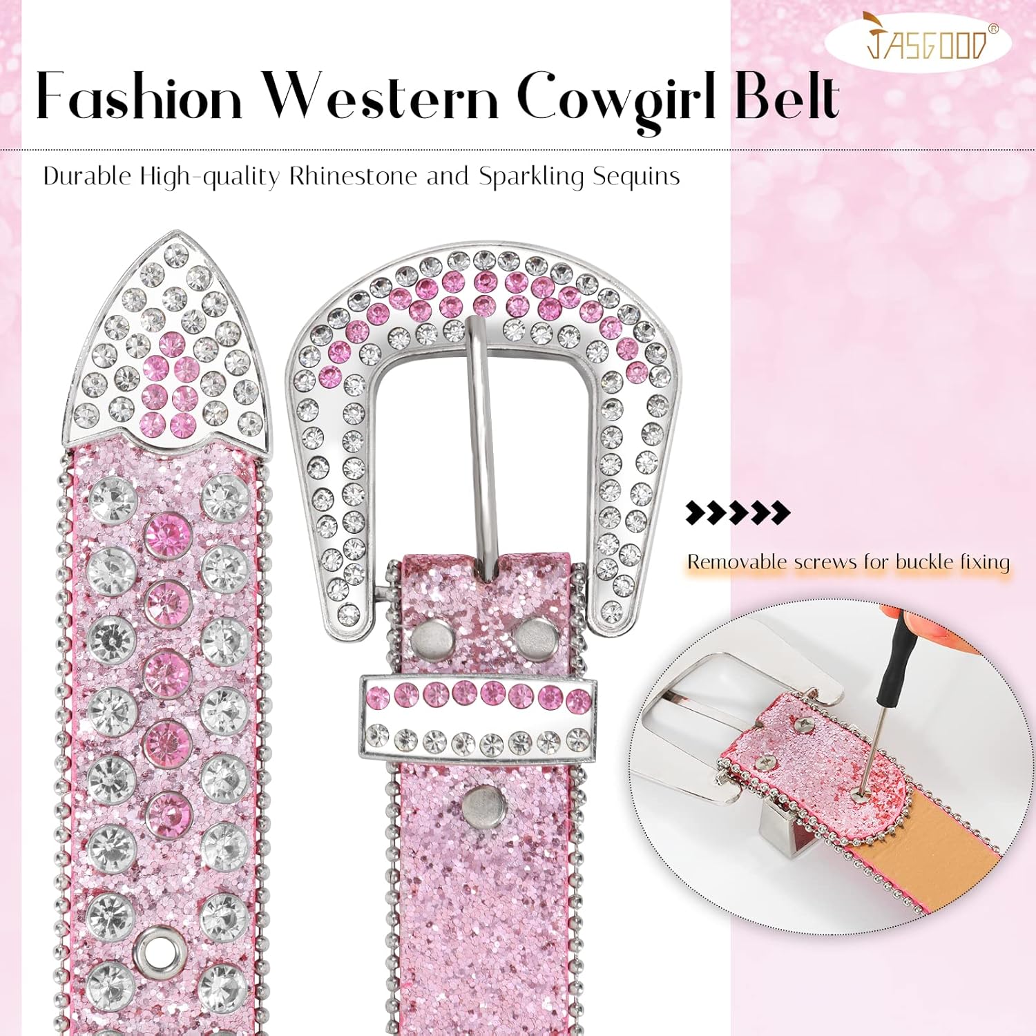 JASGOOD Women Men Rhinestones Belt,Bling Western Cowgirl Cowboy Studded Leather Belt Diamond Waist Belt for Jeans Pants - Image 6