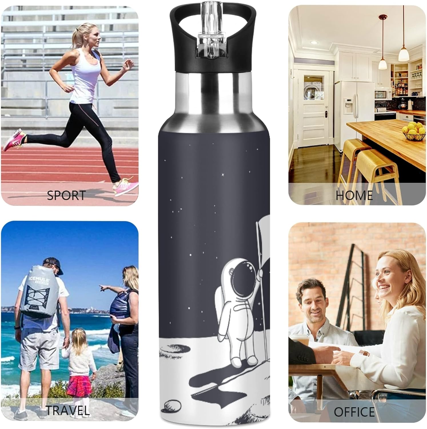 Astronaut Water Bottle with Straw Lid Black Spaceship Mars Kids Insulated Stainless Steel Water Flask Sports, 20 Oz Hot Cold - Image 5