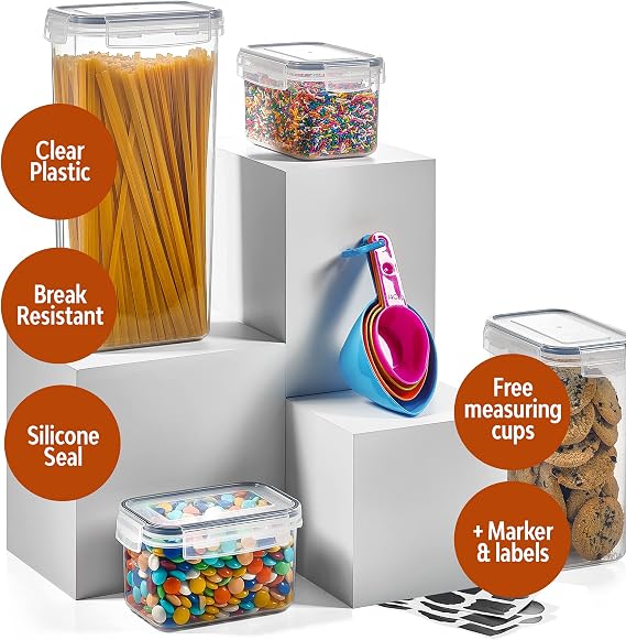 24 Pack Airtight Food Storage Container Set - BPA Free Clear Plastic Kitchen and Pantry Organization Canisters with Durable Lids for Cereal, Dry Food Flour & Sugar - Labels, Marker & Spoon Set