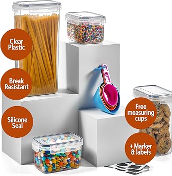 24 Pack Airtight Food Storage Container Set - BPA Free Clear Plastic Kitchen and Pantry Organization Canisters with Durable Lids for Cereal, Dry Food Flour & Sugar - Labels, Marker & Spoon Set