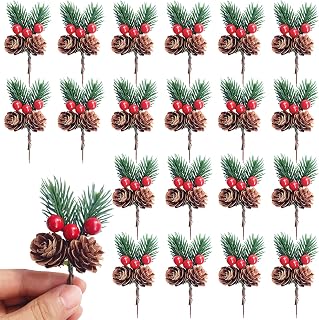 Christmas Pine Picks, 20pcs Artificial Christmas Picks with Holly Berries Pine Cones for Christmas Wreath, Tree, Table Decorations, Xmas Floral Picks for Holiday Crafts