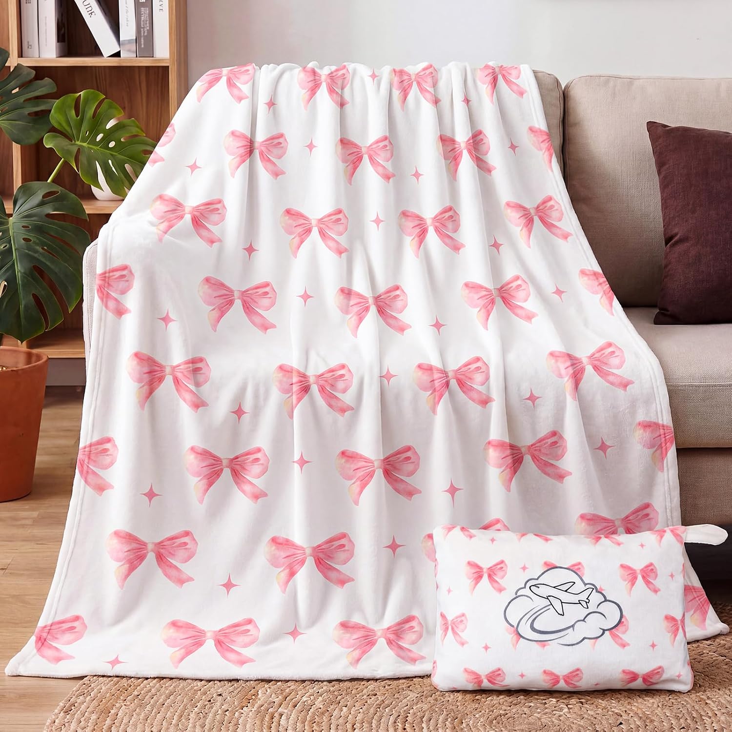 Pink Blue Bow Travel Blanket Airplane and Pillow Compact 2 in 1 Soft Fleece Travel Blanket and Pillow Set with Luggage Sleeve Backpack Clip Compact Airplane Essentials Gifts, 40"x60" (Pink)