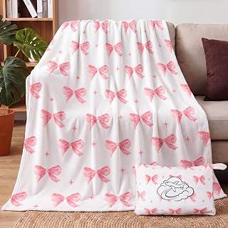 Pink Blue Bow Travel Blanket Airplane and Pillow Compact 2 in 1 Soft Fleece Travel Blanket and Pillow Set with Luggage Sleeve Backpack Clip Compact Airplane Essentials Gifts, 40"x60" (Pink)