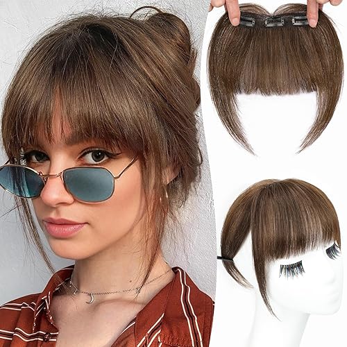 KooKaStyle Flequillo con clip, extensiones de cabello con clip de cabello 100% humano real, flequillo falso, flequillo grueso natural para mujer