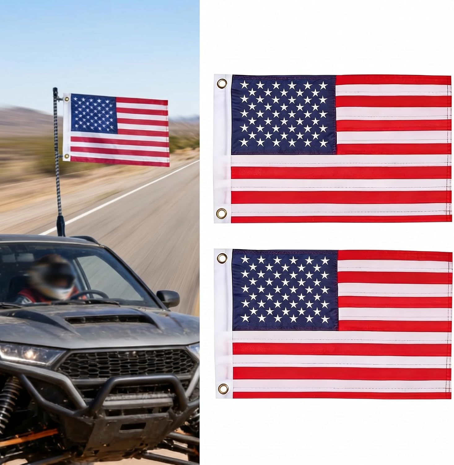 2 PCS Car American Flag, Double-sided Heavy-duty USA Flag for LED Whip Light & Antenna Pole, Star Stripe Pattern Outdoor Decoration Accessory, for UTV ATV Truck Boat Offroad (Multicolored)