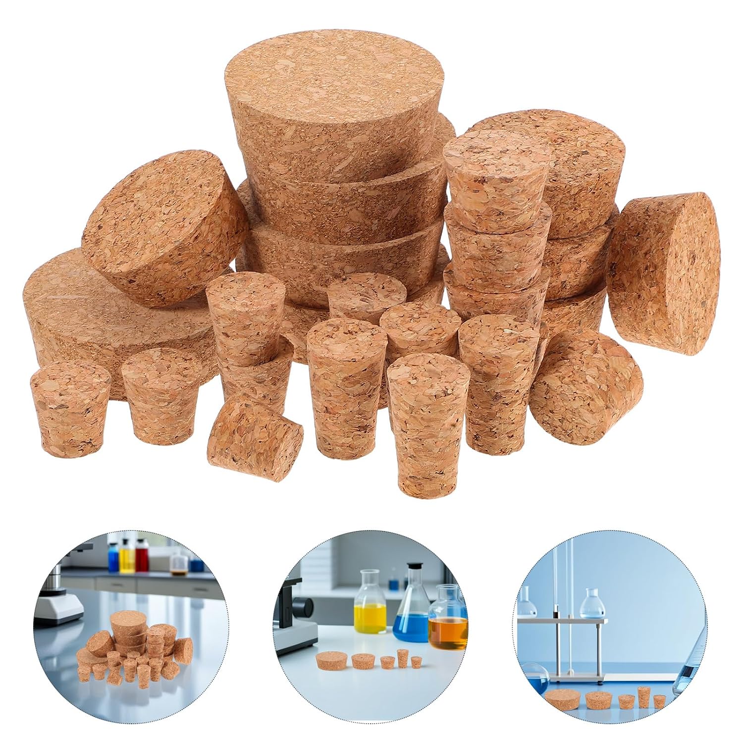 25pcs Laboratory and Home Use Soft Tapered Cork Stoppers Set, Assorted Sizes (21.5/22/29.5/48/63mm), Sealing Plugs for Jars, Bottles, and Liquid Containers