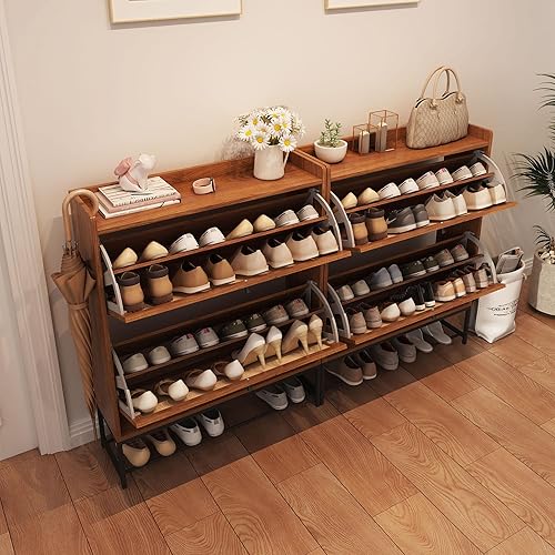 Miniatura 6 de AVZEAR Armario para zapatos, zapatero independiente con 2 cajones abatibles, moderno estante estrecho para entrada, pasillo, dormitorio (nogal)