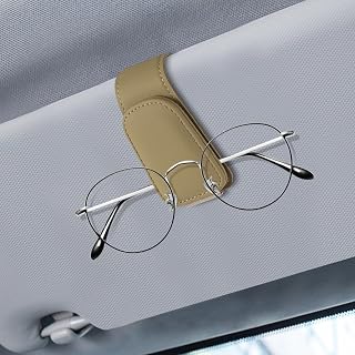 Sunglasses Holders for Car Visor, Magnetic Leather Auto Visor Eyeglasses Holder and Ticket Card Clip, Multifunctional Eyeglass Hanger Clip, Universal Interior Car Accessories (Beige)