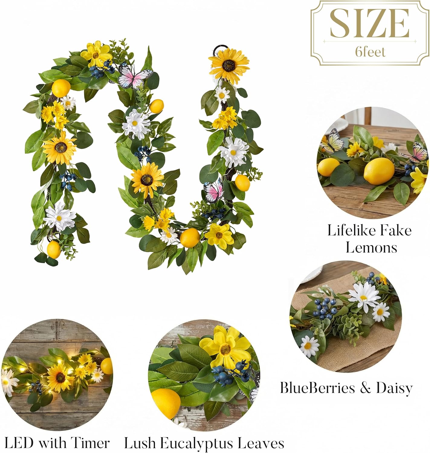 Valery Madelyn 6ft Pre-Lit Spring Summer Lemon Garland for Mantle with Light, Artificial Sunflower Greenery Fruit Vine, Rustic Farmhouse Lemon Kitchen Decor for Home Lemonade Stand Amalfi Coast Party