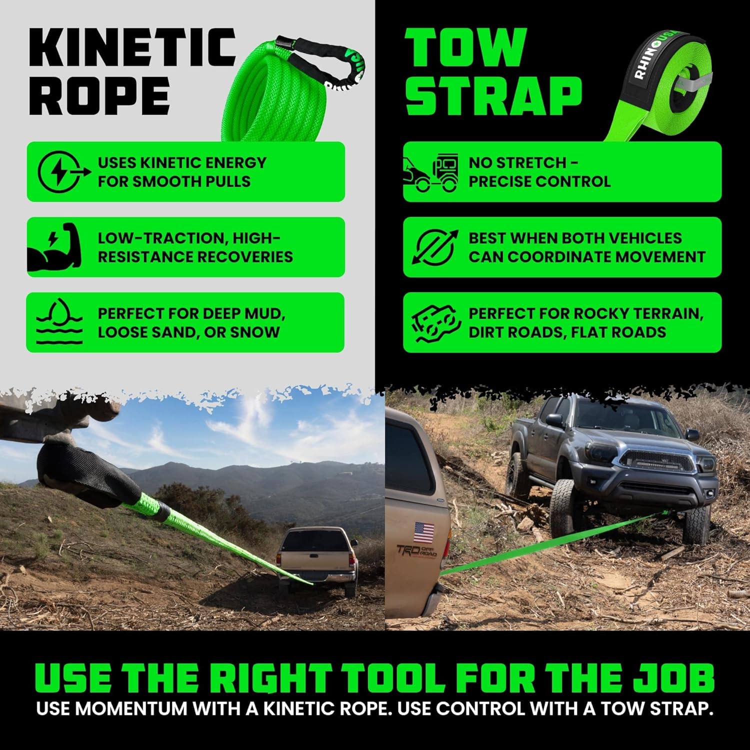 Rhino USA Kinetic Recovery Tow Rope Heavy Duty Offroad Snatch Strap for UTV, ATV, Truck, Car, Tractor - Ultimate Elastic Straps Towing Gear - Backed for Life! (1" x 30' Green)