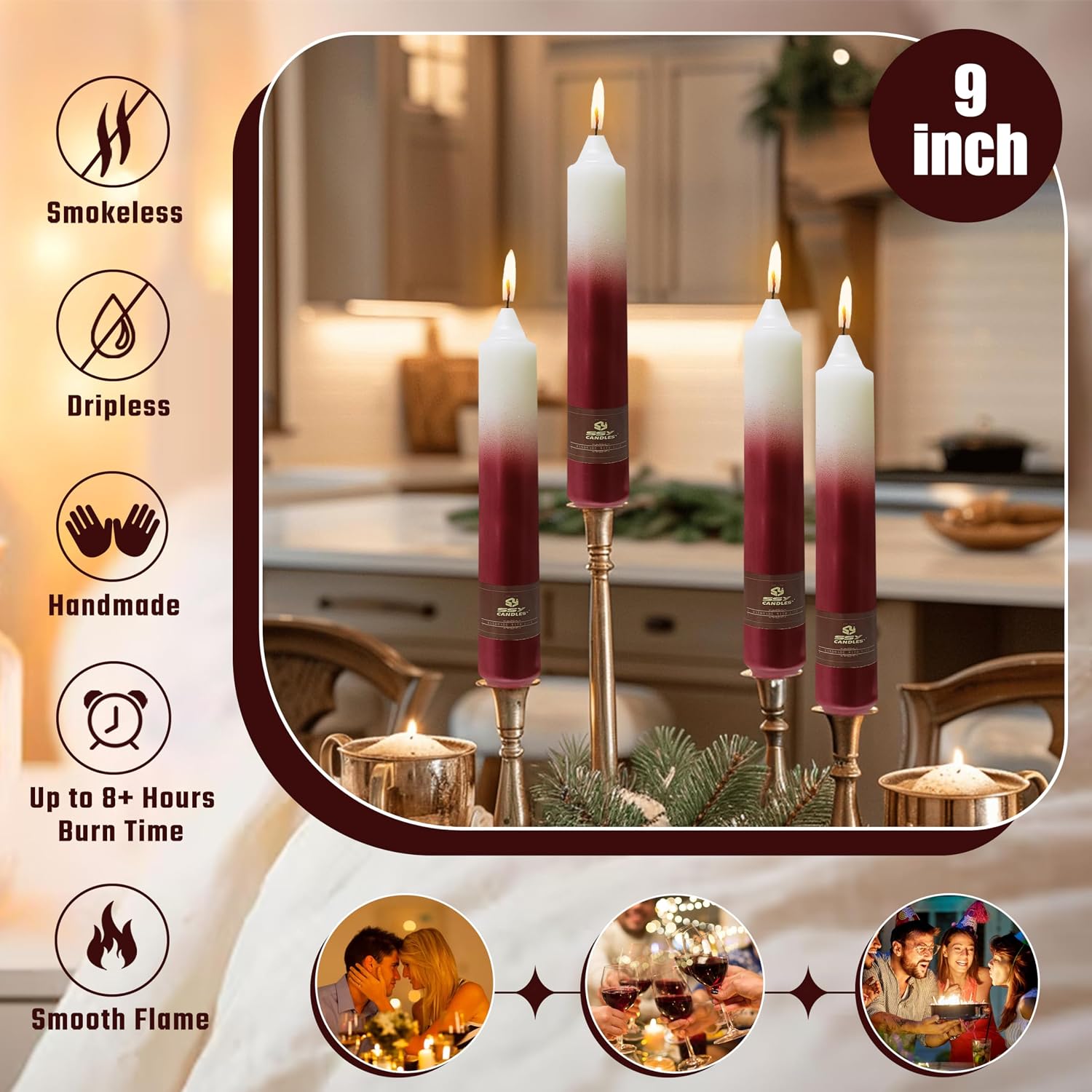 Christmas Metallic Red Candle 9 Inch Tall Smokeless Taper Candles 4 Pack Unscented Dinner Candle for Christmas Dinner