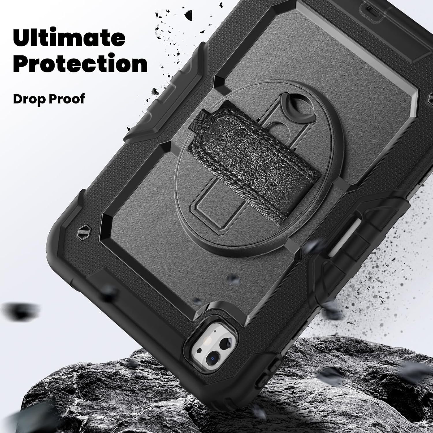Case for iPad Pro 11 inch 2024 M4(5th Generation) with Screen Protector,Heavy Duty Shockproof Protective Tablet Case Cover with Pencil Holder,360°Rotating Stand,Hand/Shoulder Strap,Black