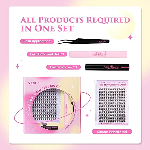 Miniatura 2 de CALAILIS Kit de extensión de pestañas, kit de extensión de pestañas, 144 unidades, racimos de pestañas rizadas en D con unión de pestañas y sellado,