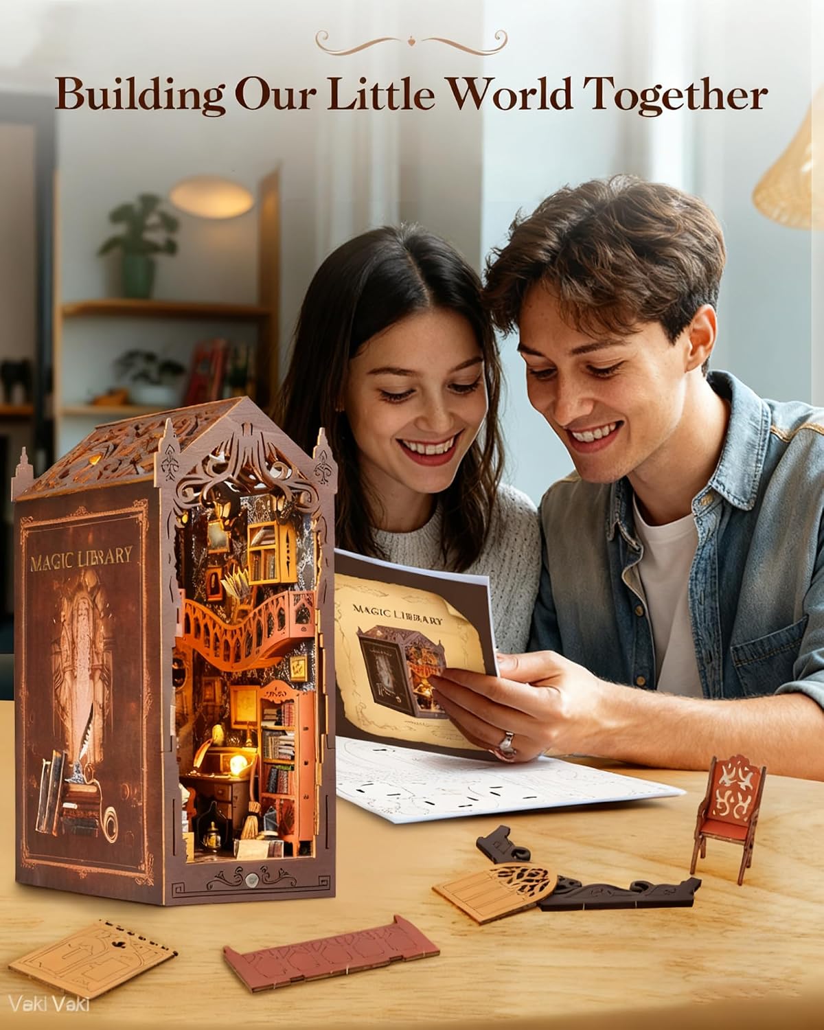 Vaki Vaki [2026 New] Magic Bookstore Book Nook Kit with Dust Cover & LED Light, DIY Miniature House Kit Toy, 3D Wooden Puzzle Bookshelf Decor Building Kit, Birthday Gifts for Family & Friends