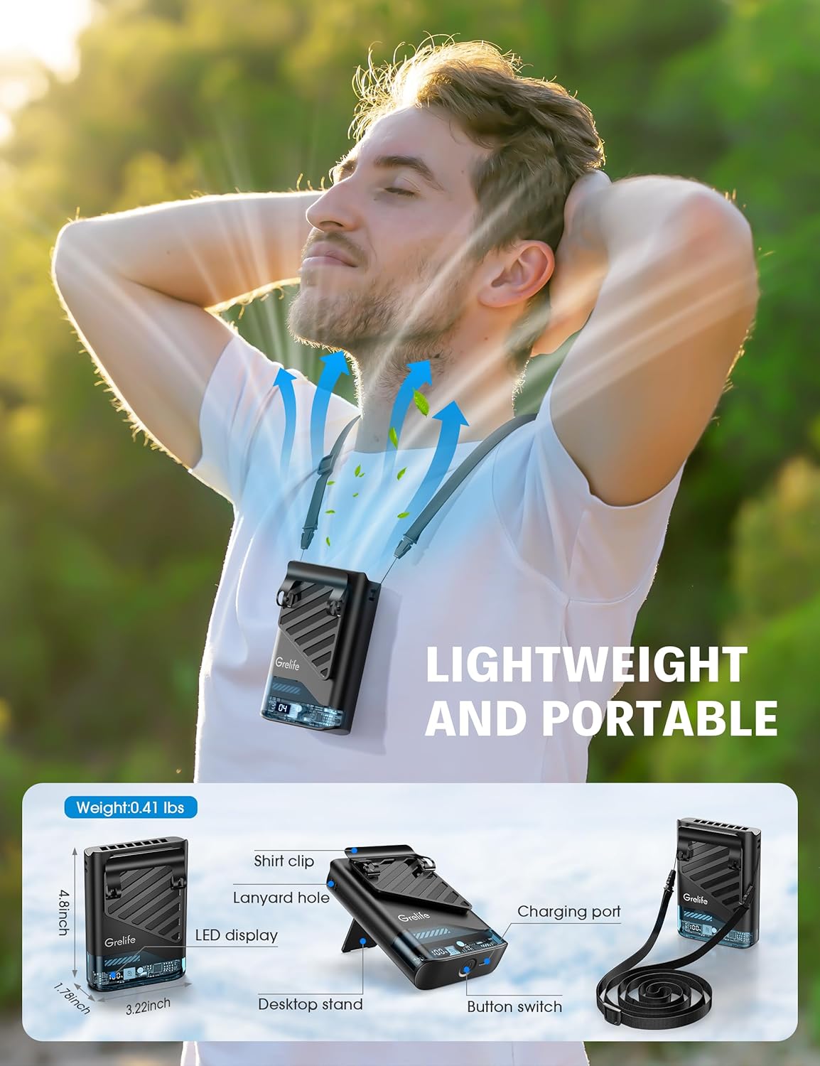 Grelife 2025 AI Portable Waist Fan Rechargeable with LED Display & 40H Runtime,5 Speed 10000RPM Cooling Personal Clip Fan,33ft/s Wind Speed Neck fan for Outdoor Work,Camping,Farm,Jobsite(Black) - Image 5