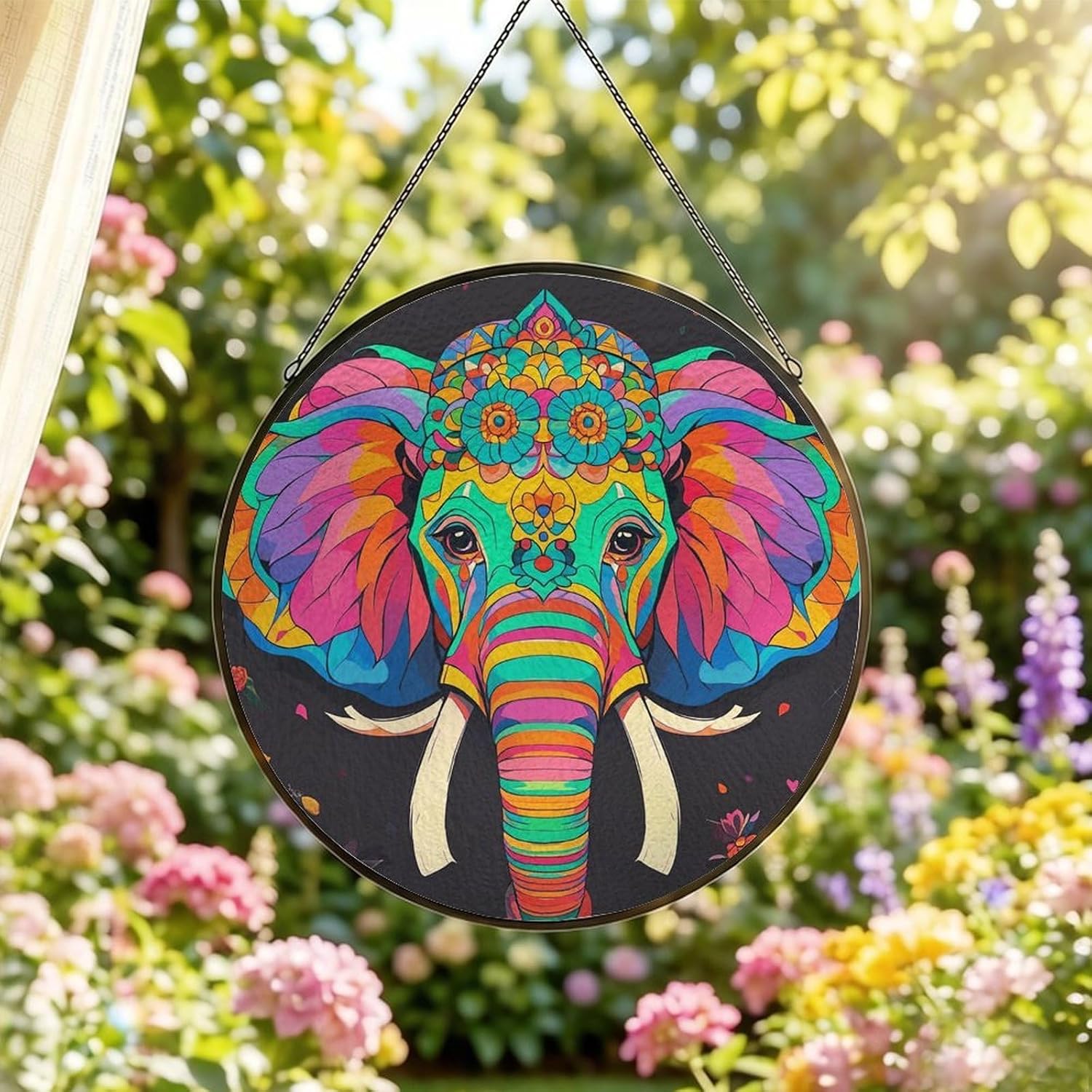 Stained Glass Hanging Sign Suncatcher, Colorful Flower Elephant