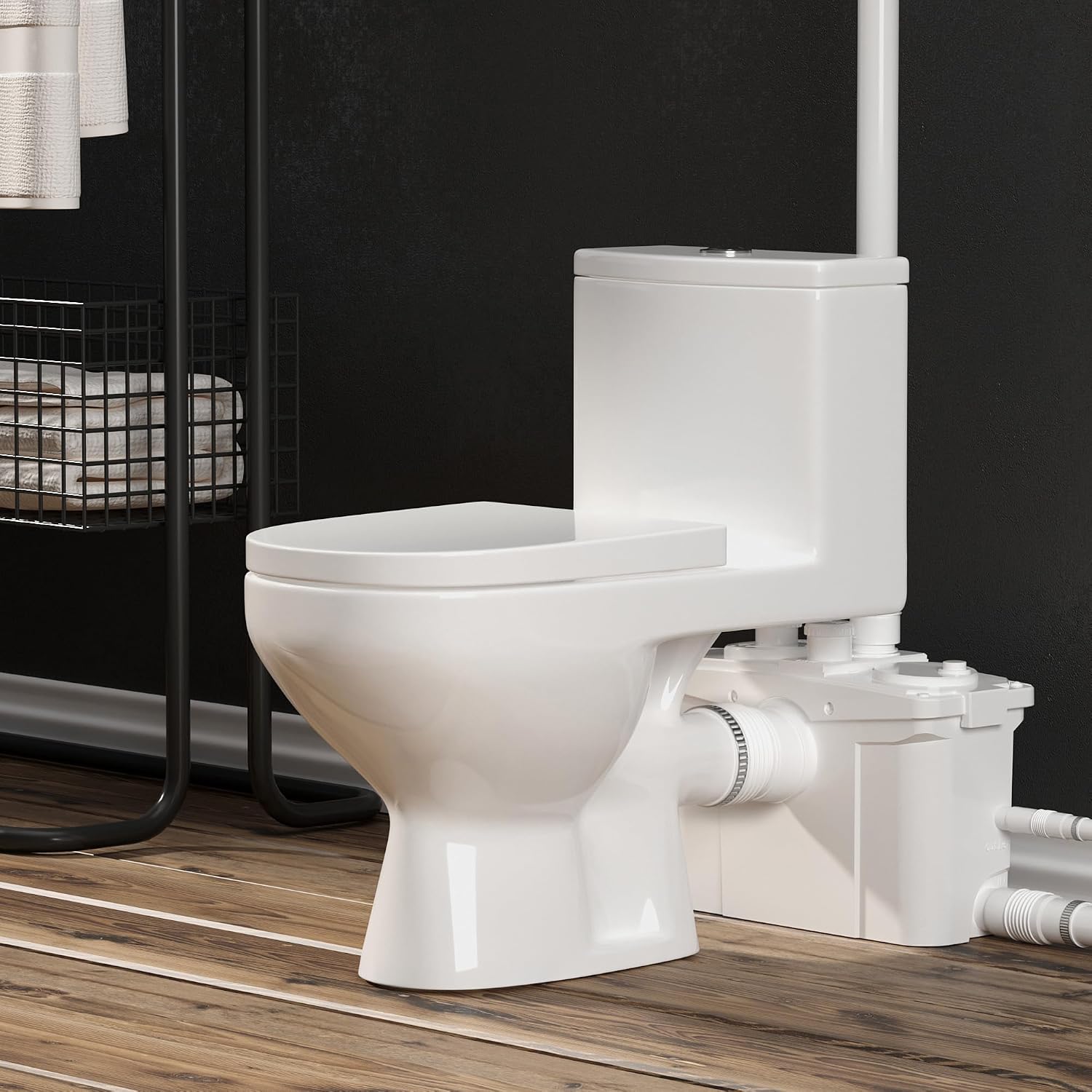 Inodoro macerador WinZo con sistema de bomba de aguas residuales de 900 W, diseño moderno de una sola pieza para baño en sótano, 4 entradas, color blanco miniatura 1