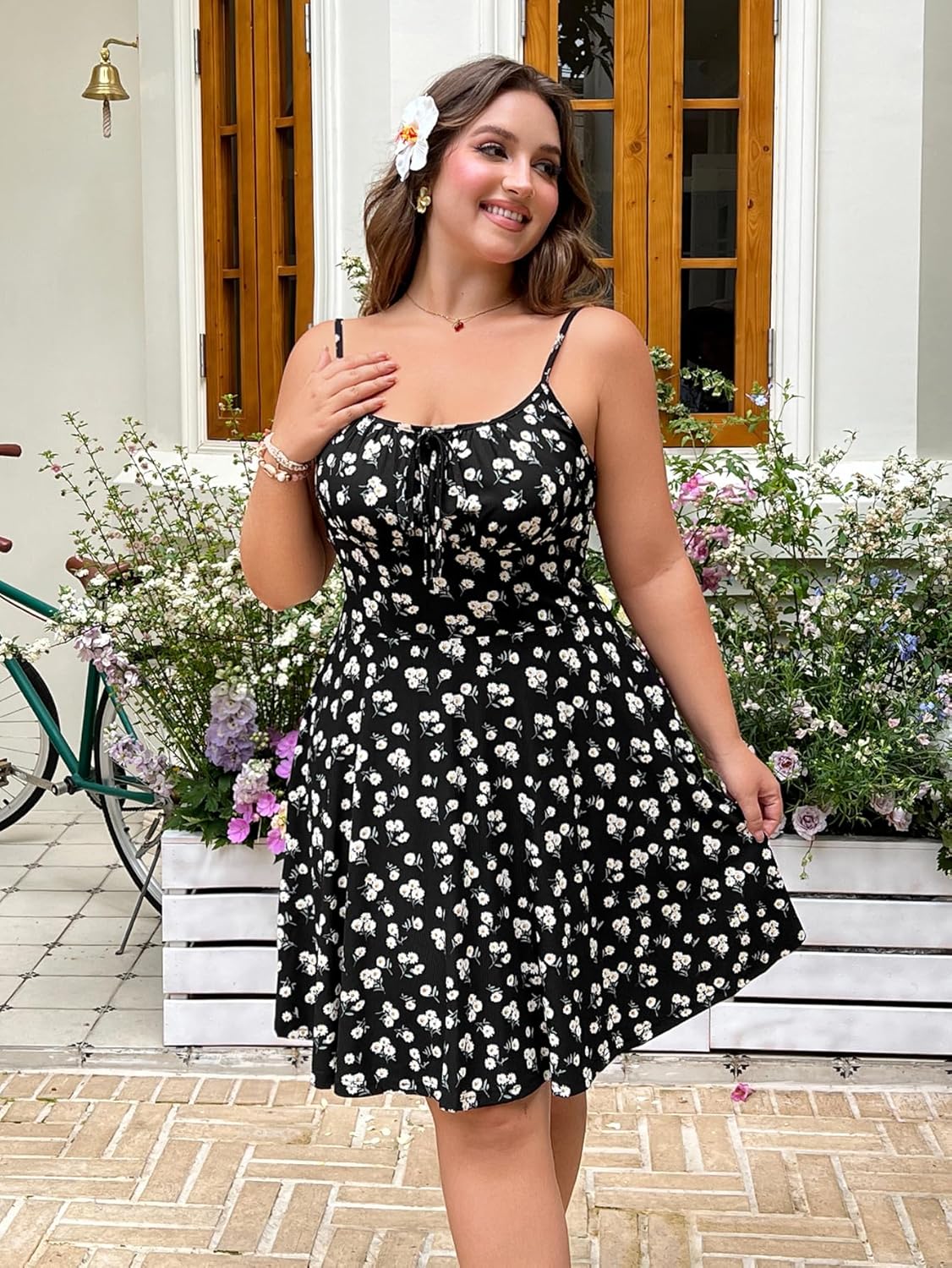 Floerns Women's Plus Size Boho Floral Milkmaid Bow Tie Ruched Cami Summer Holiday Flowy Mini Dress - Image 4