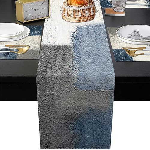 Miniatura 5 de ArtSocket Juego de 6 caminos de mesa y manteles individuales de granja, pintura abstracta azul y gris, decoración de comedor para uso diario (1