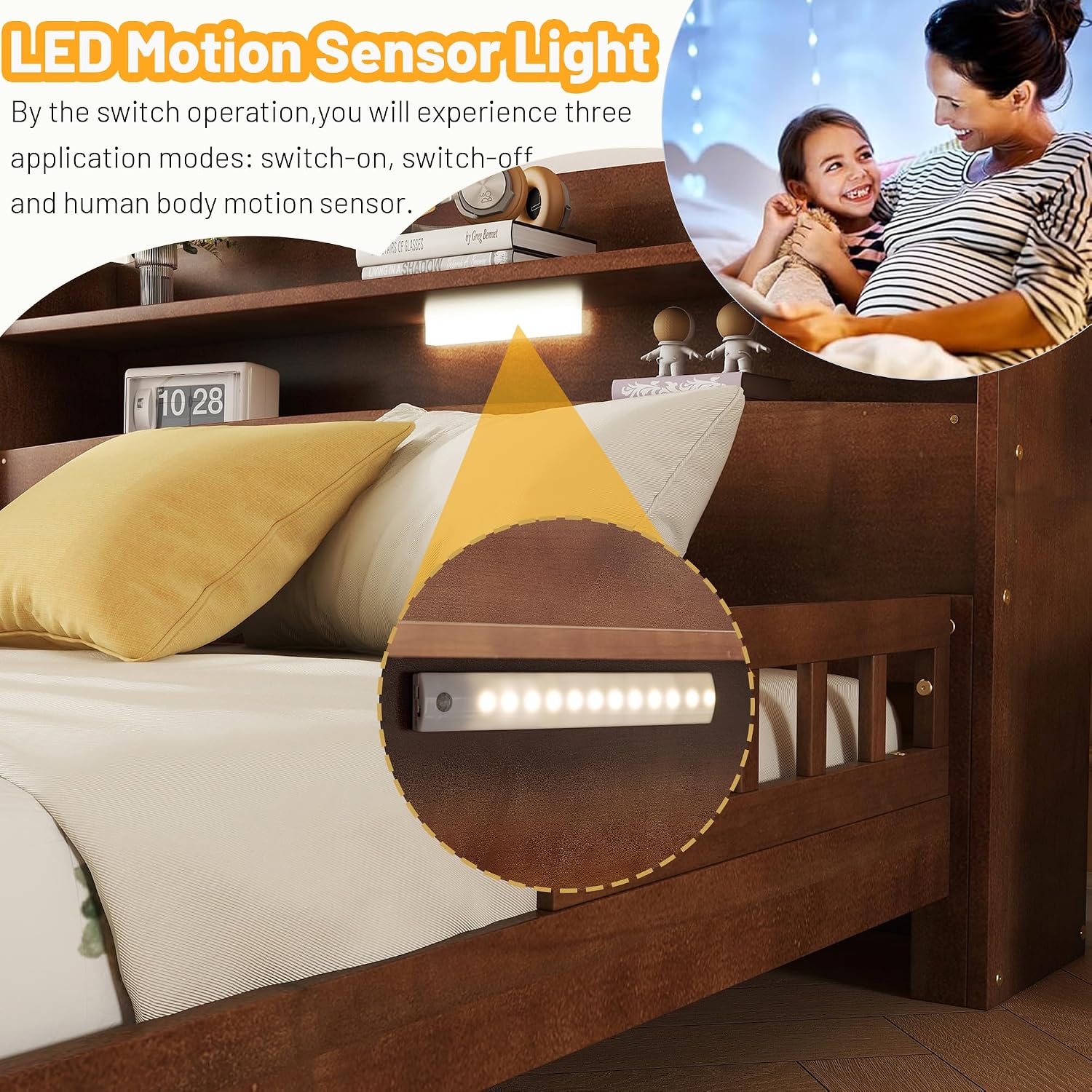 Close-up image of the LED motion sensor light in the headboard.
