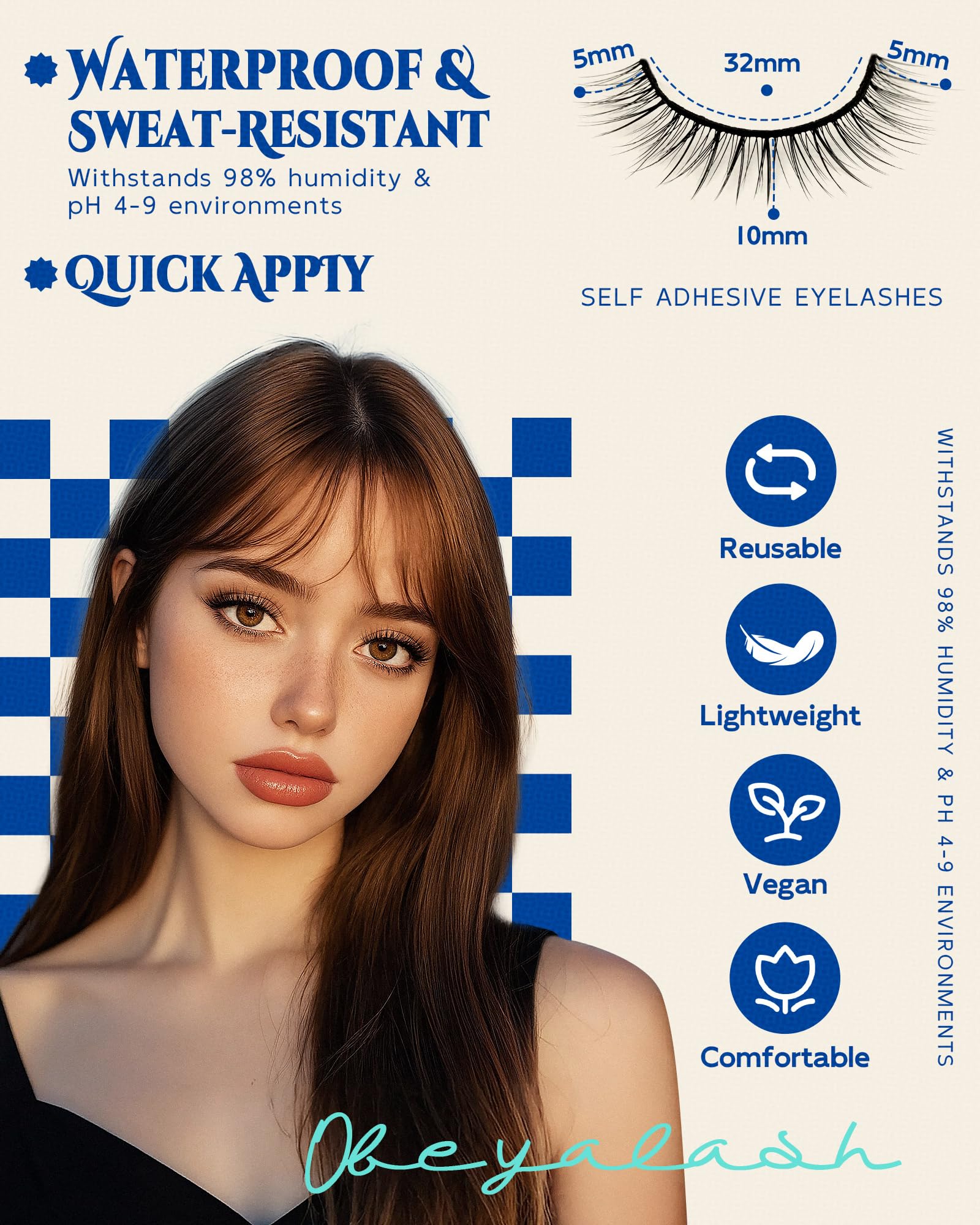 Obeyalash Waterproof Reusable Self Adhesive Eyelashes Natural Look,Doll Eye 10mm, 5 Pairs Stick on False Eyelashes,Pestañas Postizas Naturales,Pre Glued Lashes,Press on False Lashes,Wispy Strip Lashes