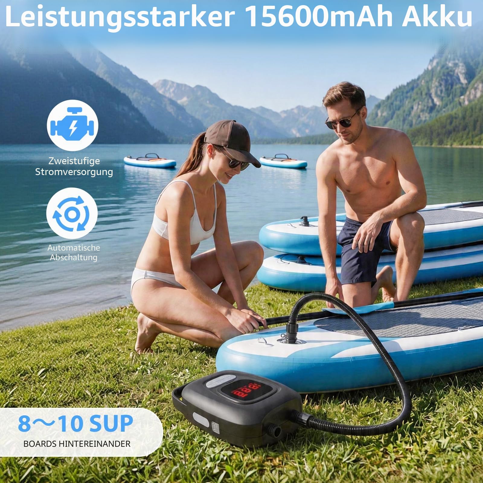Elektrische SUP Pumpe 20 PSI – 2-Stufen Dual-Modus 550/390 L/min mit 6×2500mAh Akku, LED-SOS & Auto-Stopp – Tragbare Luftpumpe für Stand Up Paddle Board, Kajak, Schlauchboot, Camping