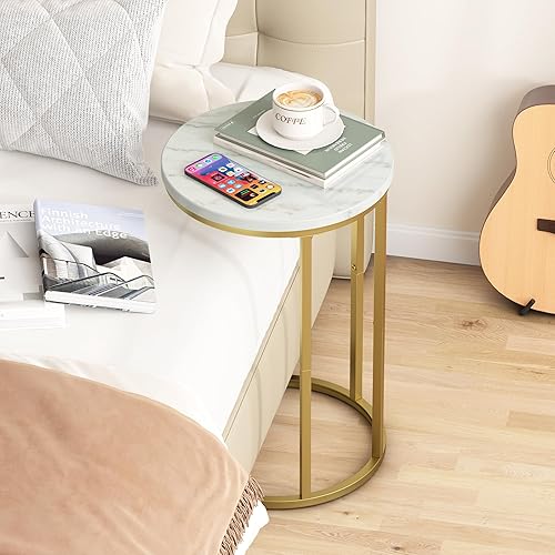 Miniatura 4 de Function Home Mesa auxiliar de mesa C, mesa auxiliar de sofá en forma de C de mármol, mesas de sofá que se deslizan por debajo, mesa decorativa para