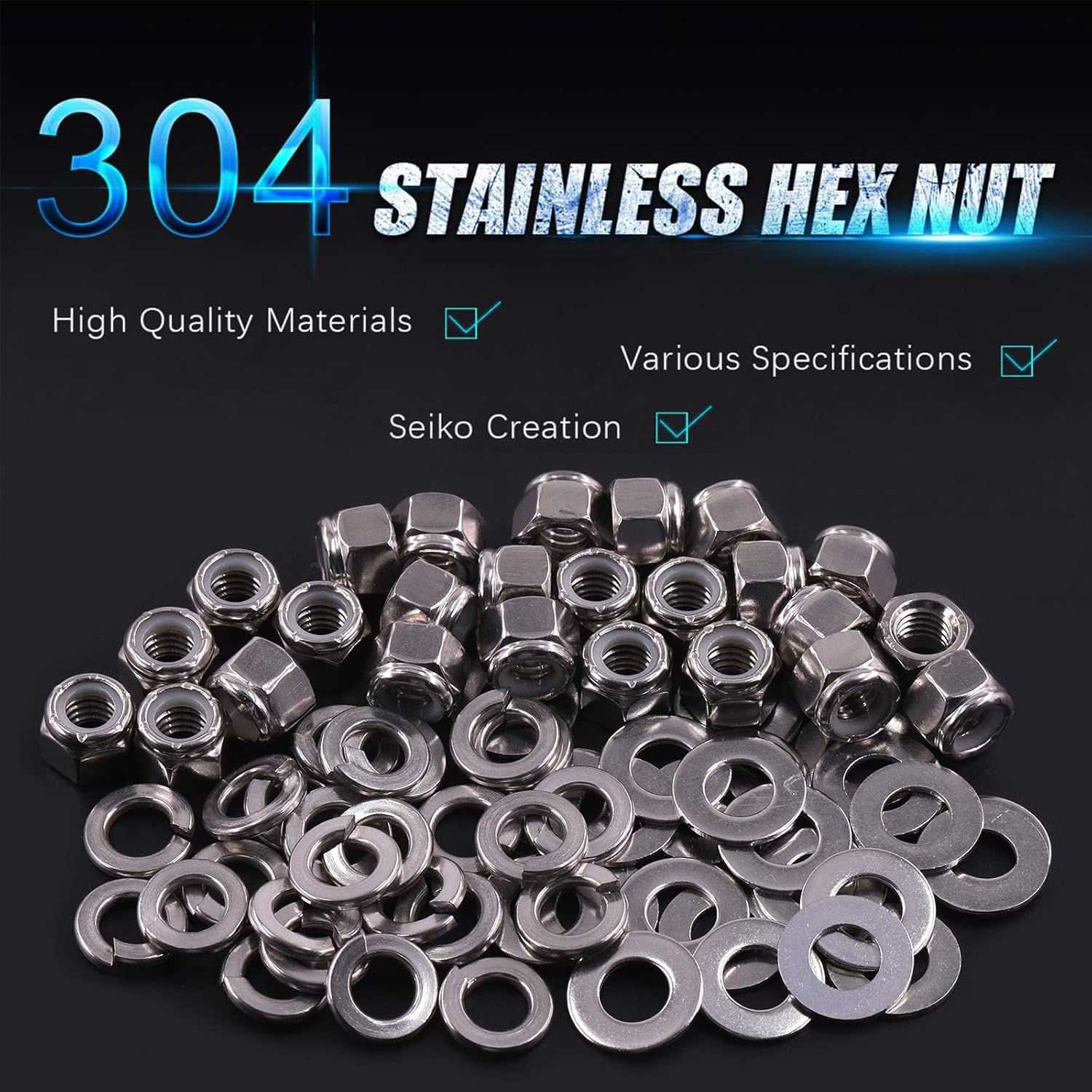 Swpeet 45Pcs SAE 304 Stainless Steel 1/2"-13 Hex Lock Nuts, 1/2" Flat Washers, #1/2 Split Lock Washers Assortment Kit for Home Automotive Shop Use