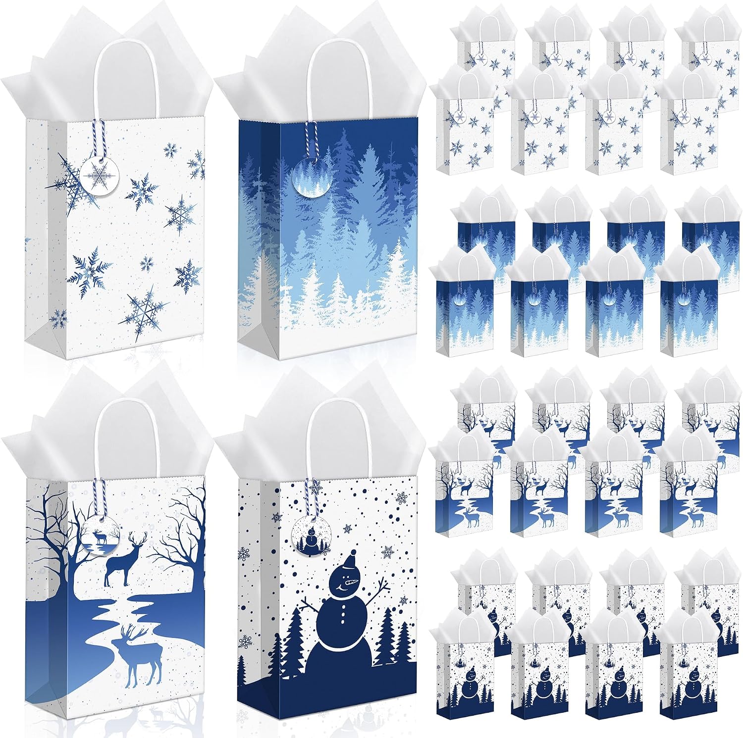 MIMIND 36 Pieces Christmas Snowflake Gift Bags Blue Winter Party Paper Bags with 40 Tissue, 36 Gift Tags and String Xmas Treat Bag with Handle for Christmas Winter Holiday Gift, 4 Design