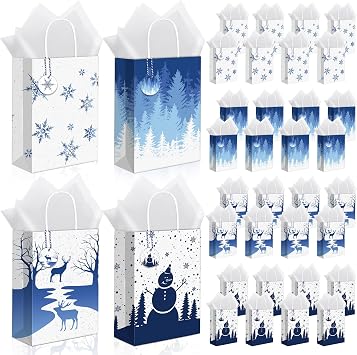 MIMIND 36 Pieces Christmas Snowflake Gift Bags White Winter Party Paper Bags with 40 Tissue, 36 Gift Tags and String Xmas Treat Bag with Handle for Christmas Winter Holiday Gift, 4 Design