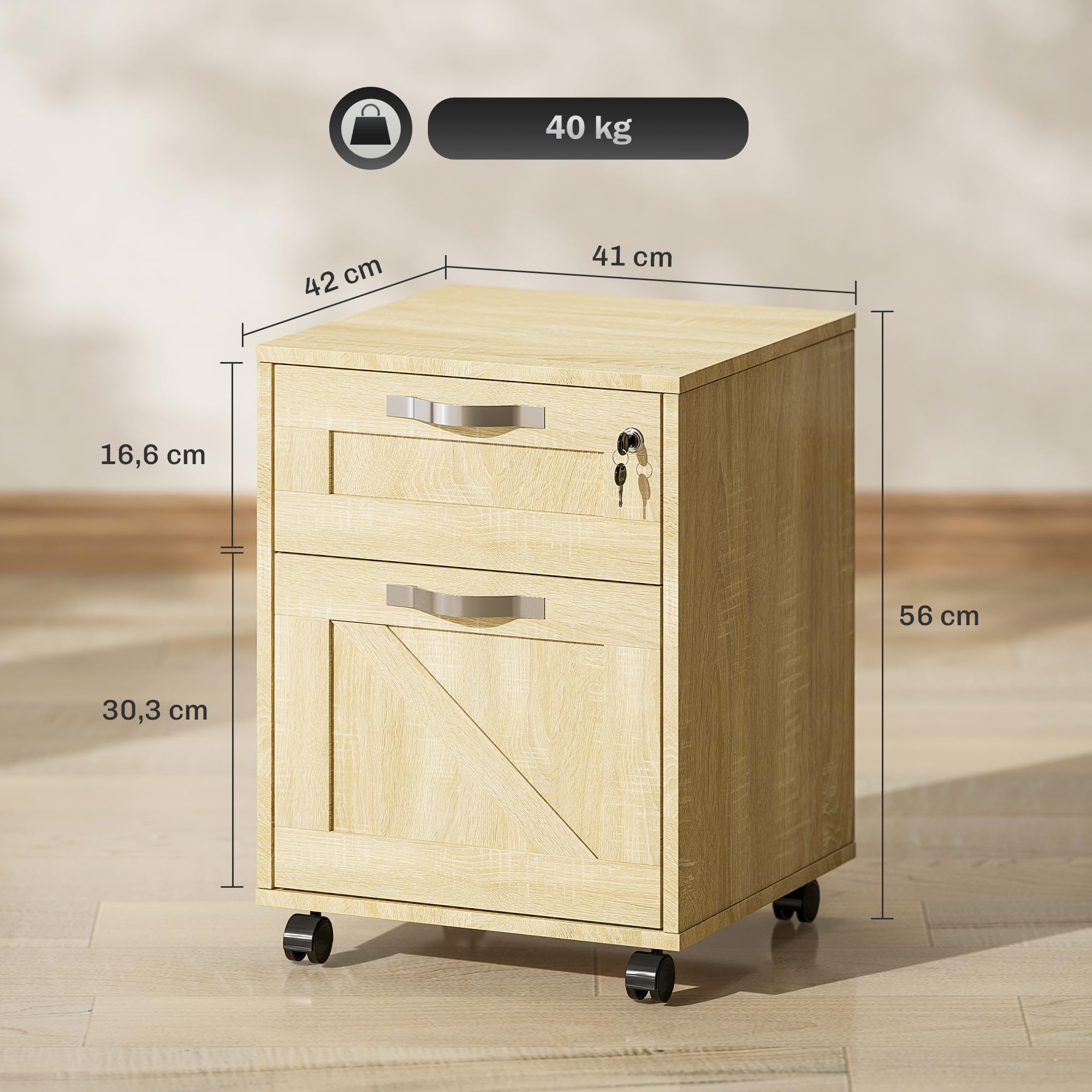 Vinsetto Cajonera de Oficina con 2 Cajones Cajonera con Ruedas Mueble Archivador Móvil con Cerradura y Carpetas Colgantes para Tamaño A4 41x42x56 cm Natural