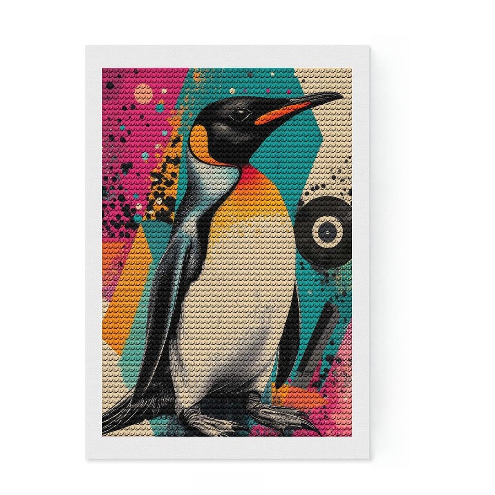 Junmoney King Penguin Pop Art Colorful Pop Art Penguin Diamond Art Canvas 8"x12", Birthday Gift, for Adults, Creative Leisure Activity, Aesthetic Room Decor
