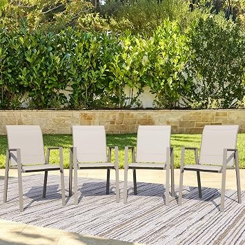 Stackable Patio Chairs Set of 4, Outdoor Dining Chairs with High Back & Metal Frame, Lightweight Sling Chair for Lawn Garden Deck, Ivory