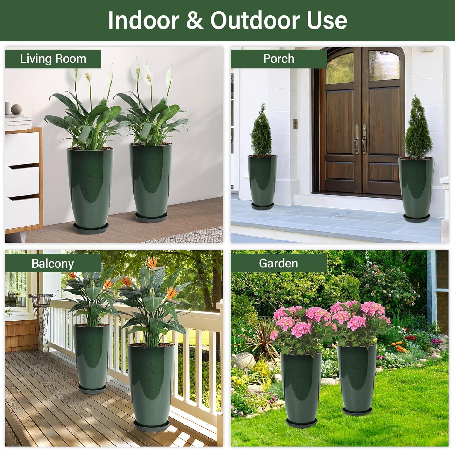 Set of 2 Lightweight Ceramic-Look Tall Planter, 21 inch Large Plastic Planter with Drain Hole & Saucers, Large Outdoor Planters for Porch, Garden, Patio, Balcony(Dark Green)