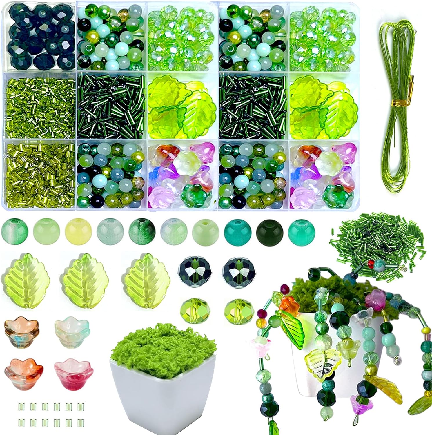 CRZSEELL 2000pcs Glass Beaded Plant Kit with Mini Pot, Green Forever Plant Making Set, Assorted Crystal Glass Round Faceted Flower Leaf Seed Beads for Handmade Craft DIY Home Decor