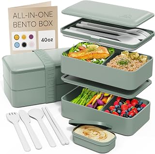 Umami Adult All-in-One Bento Box 1200ml with 1 Sauce Jar and 4 Cutlery, BPA Free Lunch Box for Men/Women, 2 Meal-Prep Boxes for Microwave, Dishwasher and Freezer